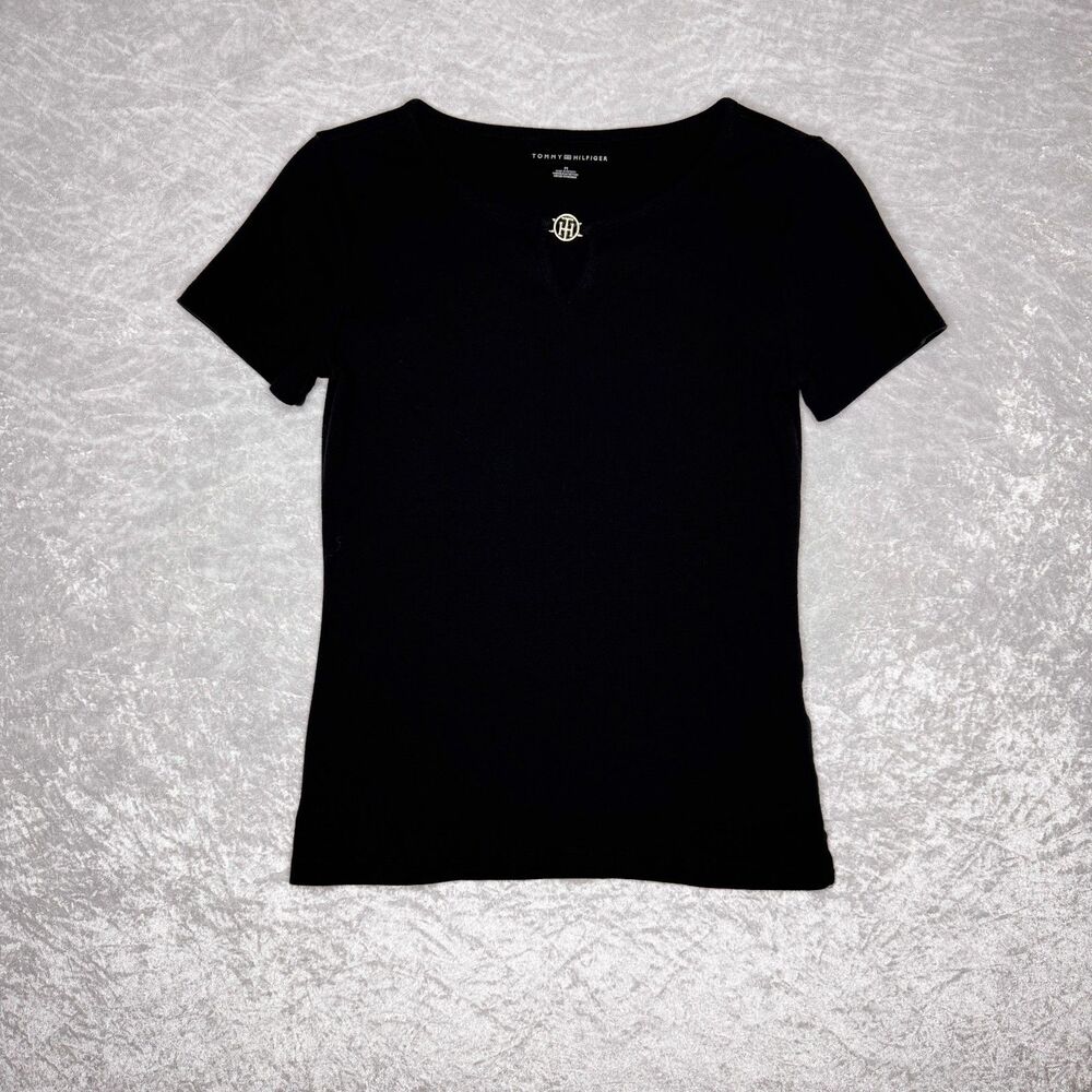 100% Cotton Tommy Hilfiger Short-Sleeve Black Top Monogram Clasp Detail Size M